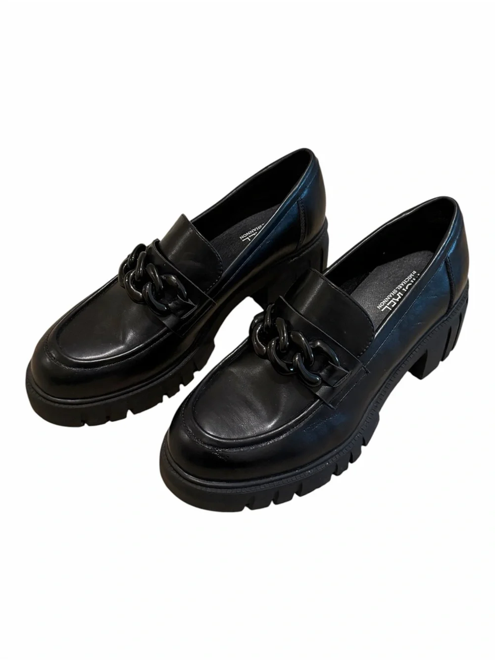 Michael Shannon Black Chunky Emilia Platform Loafers with Chain Detail Size 9
